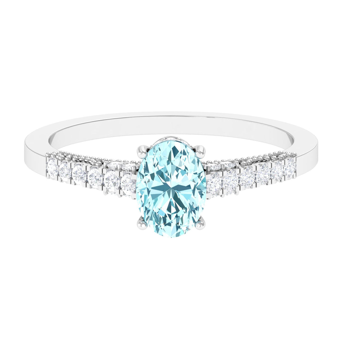 Aquamarine Engagement Ring – 1 Carat Oval Aquamarine With Diamond Side Stones