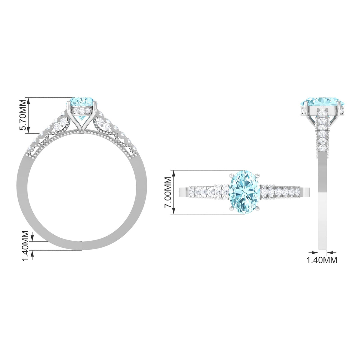 Aquamarine Engagement Ring – 1 Carat Oval Aquamarine With Diamond Side Stones