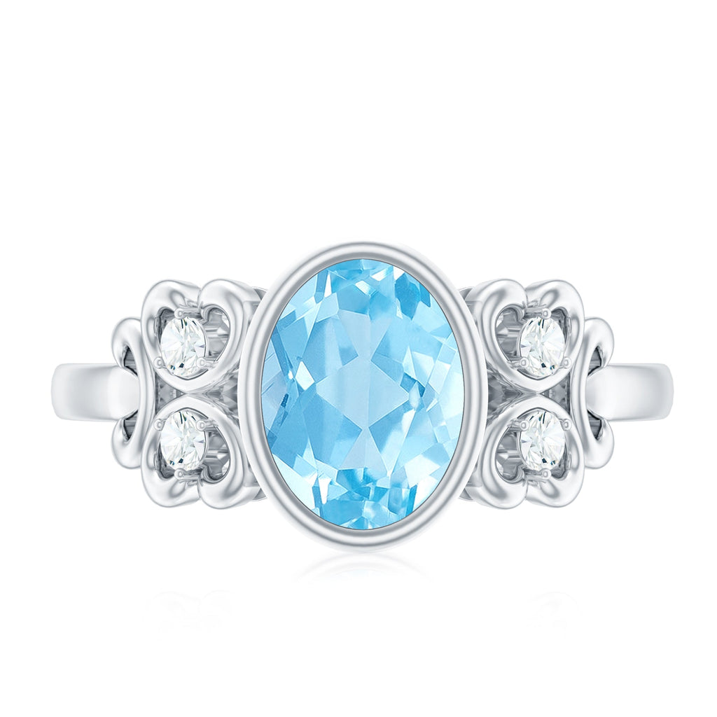 Aquamarine Engagement Ring - 1 Carat Oval Bezel Setting With Diamond Accent