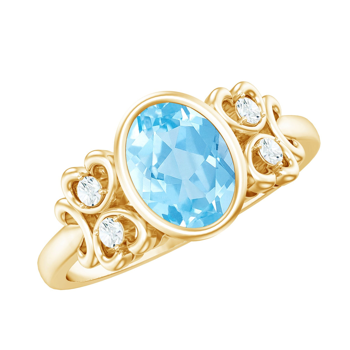 Aquamarine Engagement Ring - 1 Carat Oval Bezel Setting With Diamond Accent