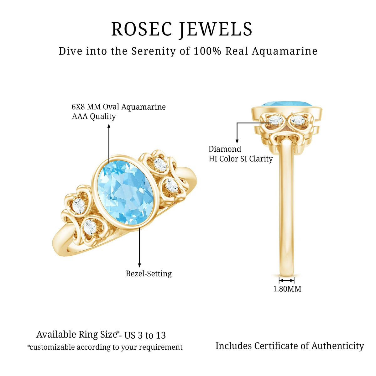 Aquamarine Engagement Ring - 1 Carat Oval Bezel Setting With Diamond Accent
