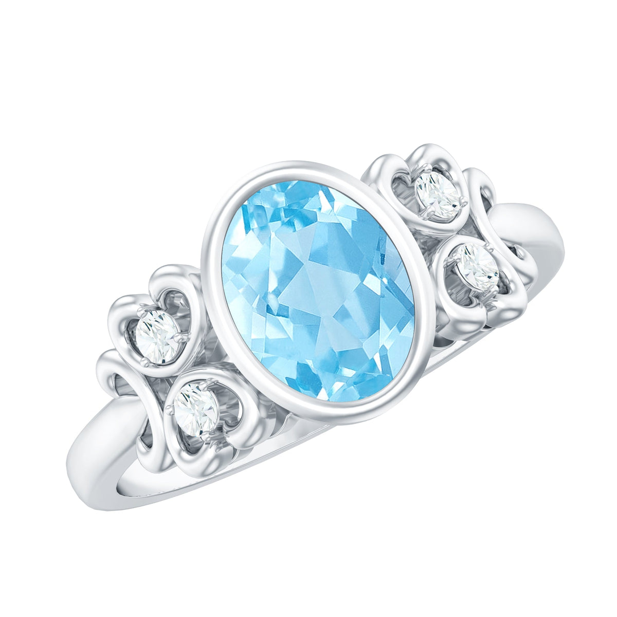 Aquamarine Engagement Ring - 1 Carat Oval Bezel Setting With Diamond Accent