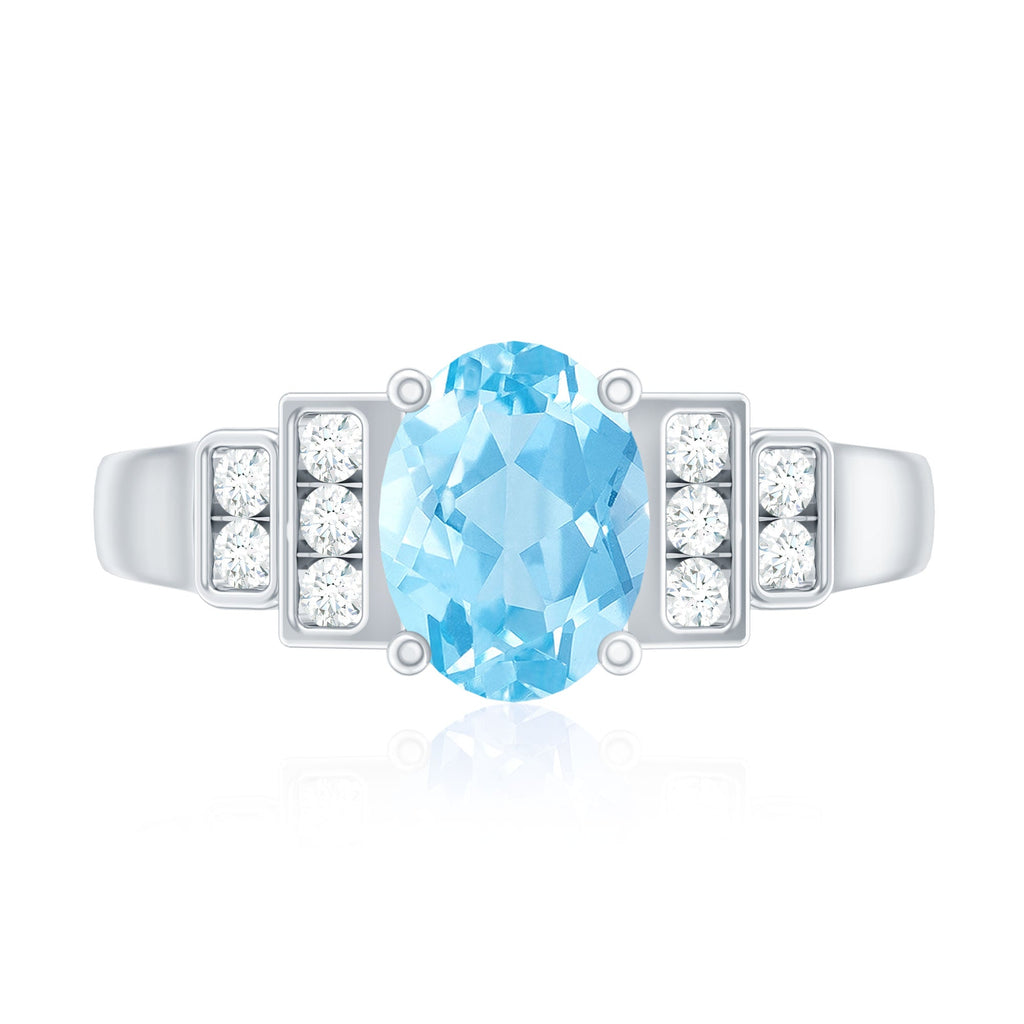 Aquamarine Engagement Ring – 1 Carat Oval Blue Gemstone With Diamond Side Stones