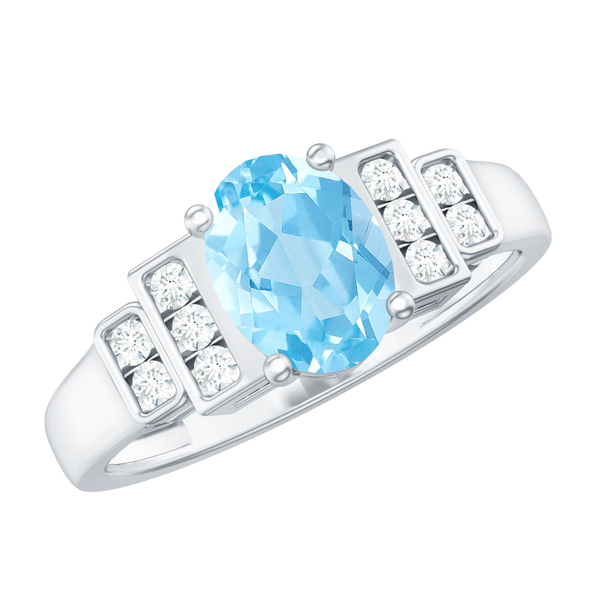Aquamarine Engagement Ring – 1 Carat Oval Blue Gemstone With Diamond Side Stones