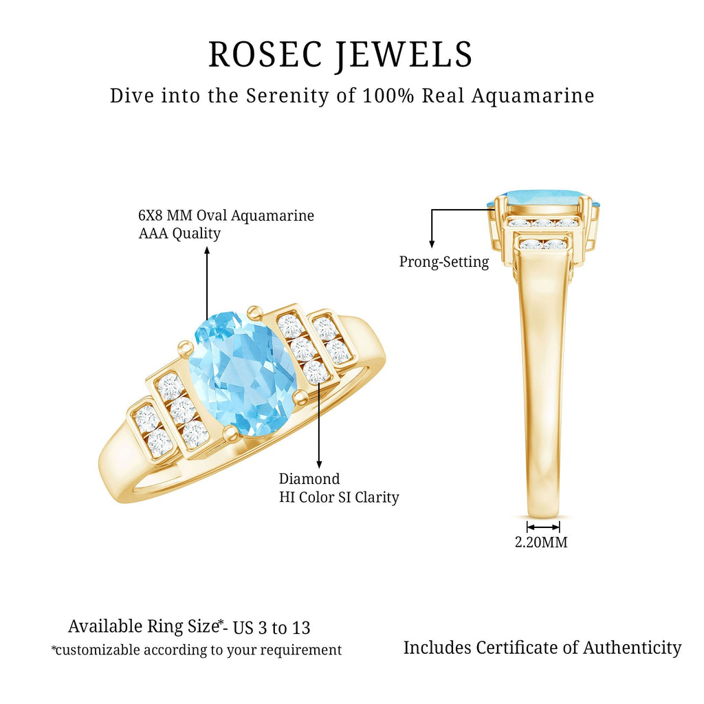 Aquamarine Engagement Ring – 1 Carat Oval Blue Gemstone With Diamond Side Stones