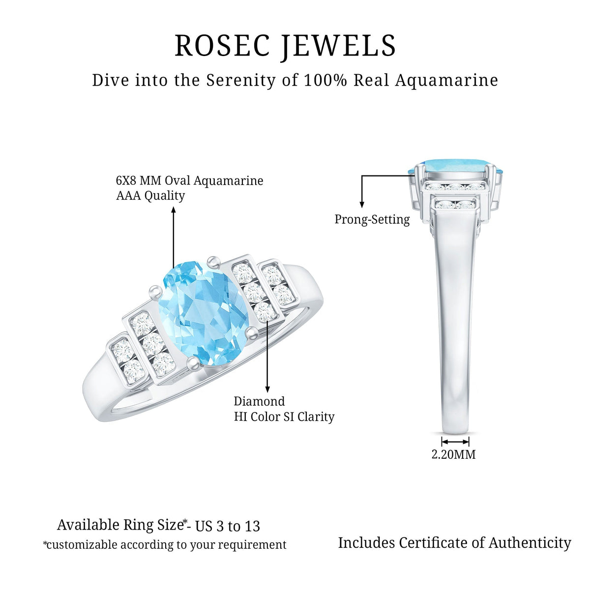 Aquamarine Engagement Ring – 1 Carat Oval Blue Gemstone With Diamond Side Stones
