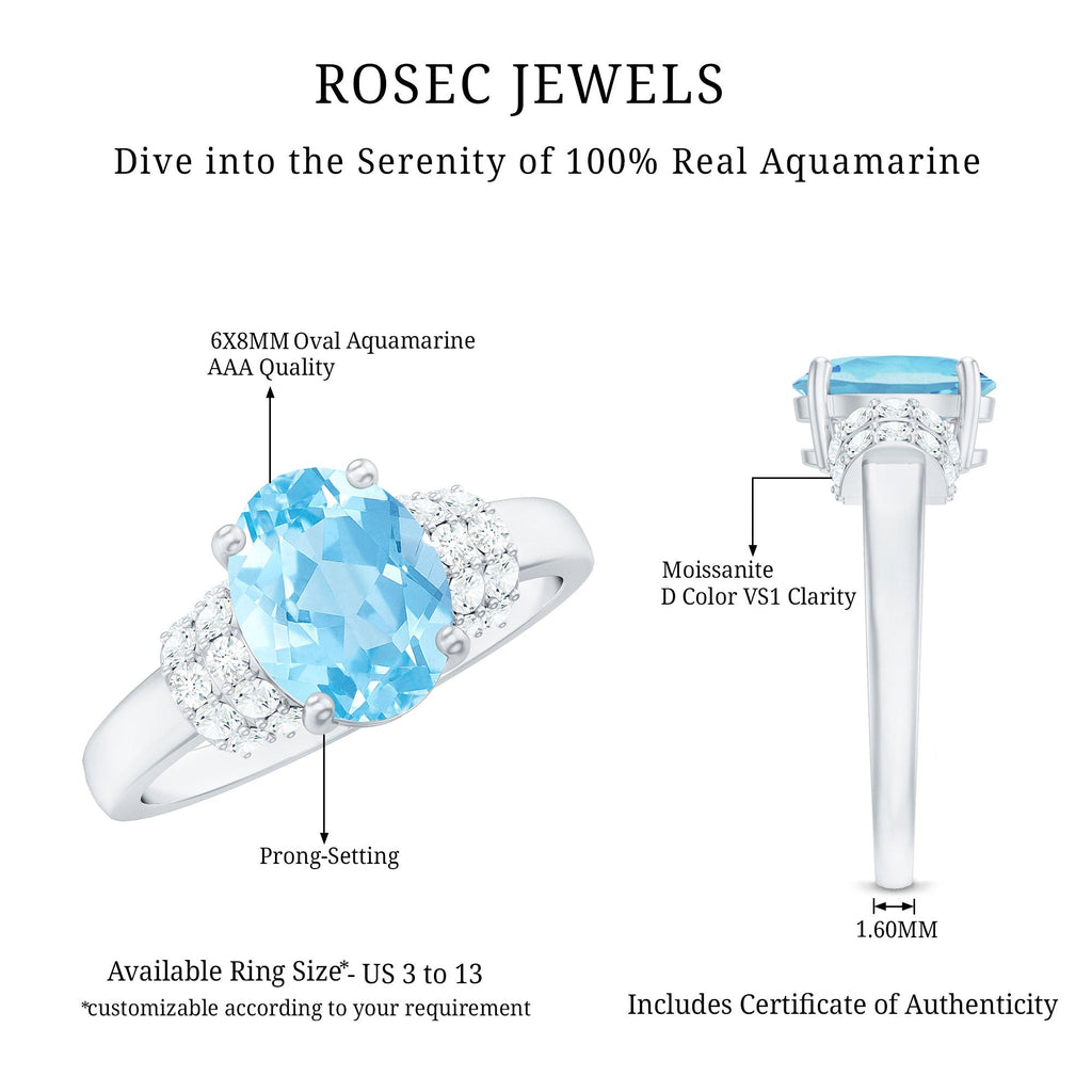 Aquamarine Engagement Ring – 1 Carat Oval Cut Blue Birthstone With Diamond Collar