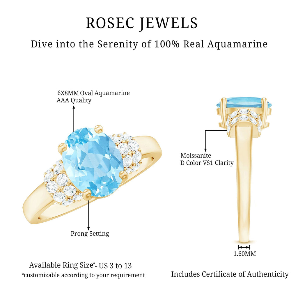 Aquamarine Engagement Ring – 1 Carat Oval Cut Blue Birthstone With Diamond Collar