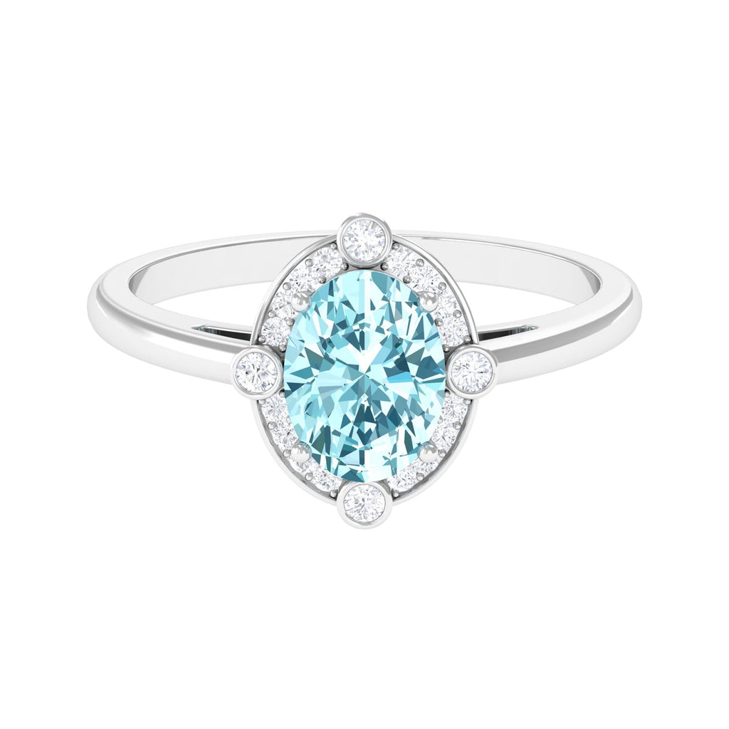 Aquamarine Engagement Ring – 1 Carat Oval Halo Ring with Diamond Halo Setting