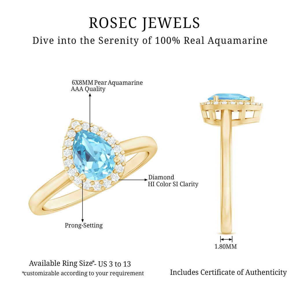 Aquamarine Engagement Ring – 1 Carat Pear Cut Halo Diamond Setting Blue Gemstone