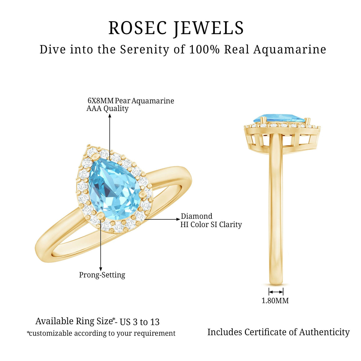 Aquamarine Engagement Ring – 1 Carat Pear Cut Halo Diamond Setting Blue Gemstone