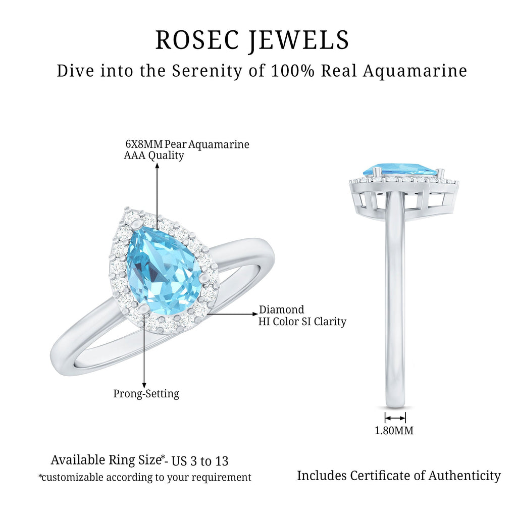 Aquamarine Engagement Ring – 1 Carat Pear Cut Halo Diamond Setting Blue Gemstone