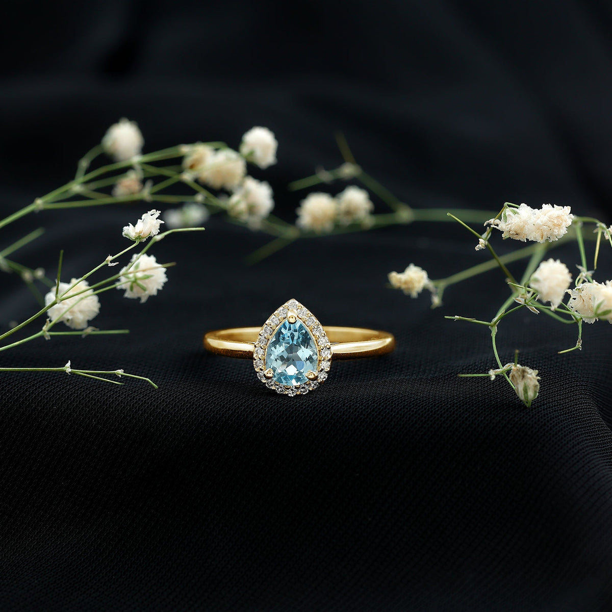 Aquamarine Engagement Ring – 1 Carat Pear Cut Halo Diamond Setting Blue Gemstone