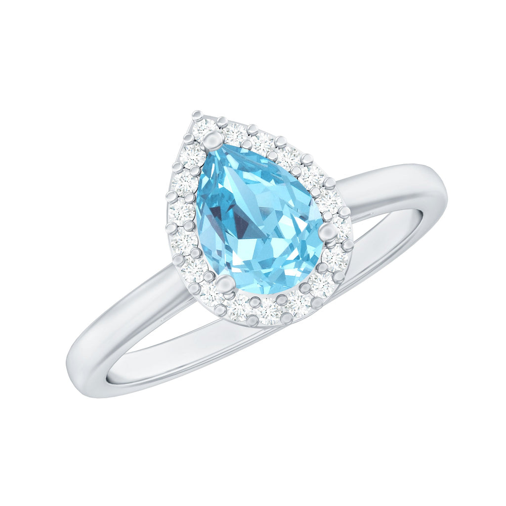 Aquamarine Engagement Ring – 1 Carat Pear Cut Halo Diamond Setting Blue Gemstone