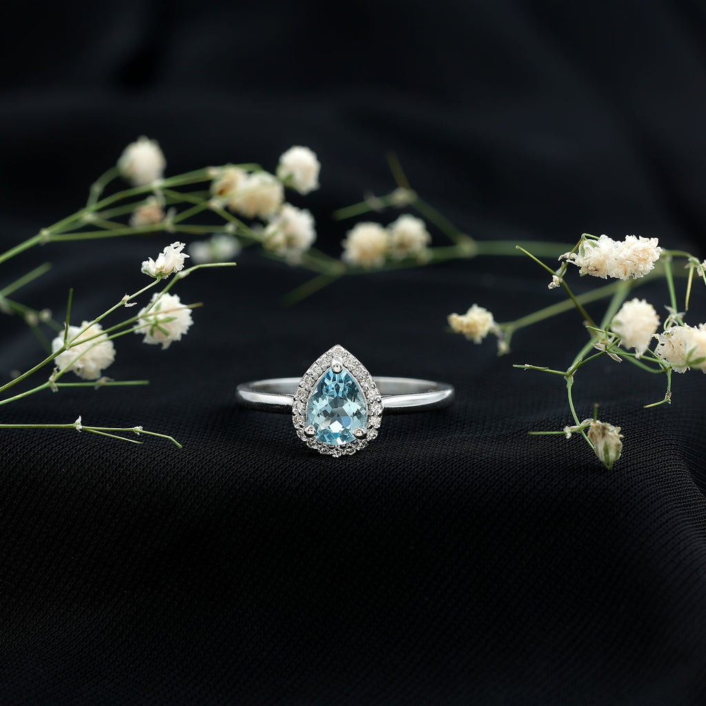 Aquamarine Engagement Ring – 1 Carat Pear Cut Halo Diamond Setting Blue Gemstone