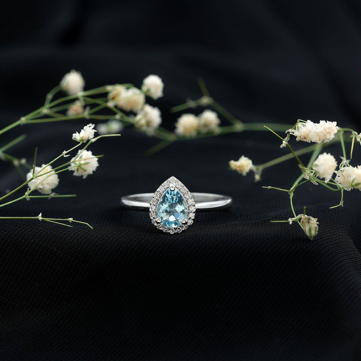 Aquamarine Engagement Ring – 1 Carat Pear Cut Halo Diamond Setting Blue Gemstone