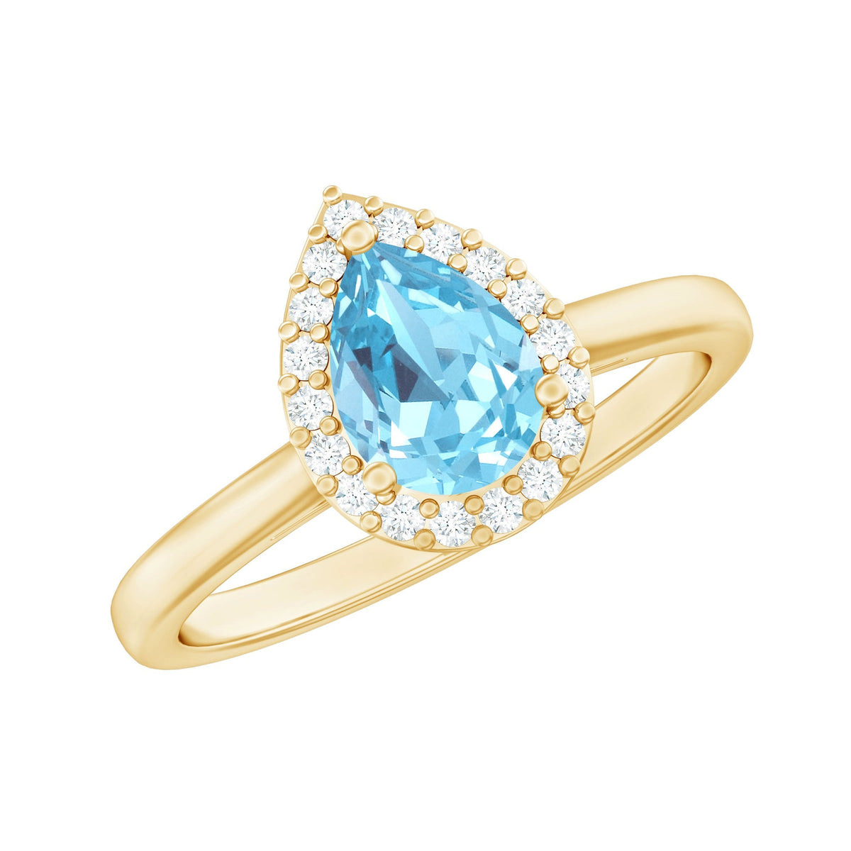 Aquamarine Engagement Ring – 1 Carat Pear Cut Halo Diamond Setting Blue Gemstone
