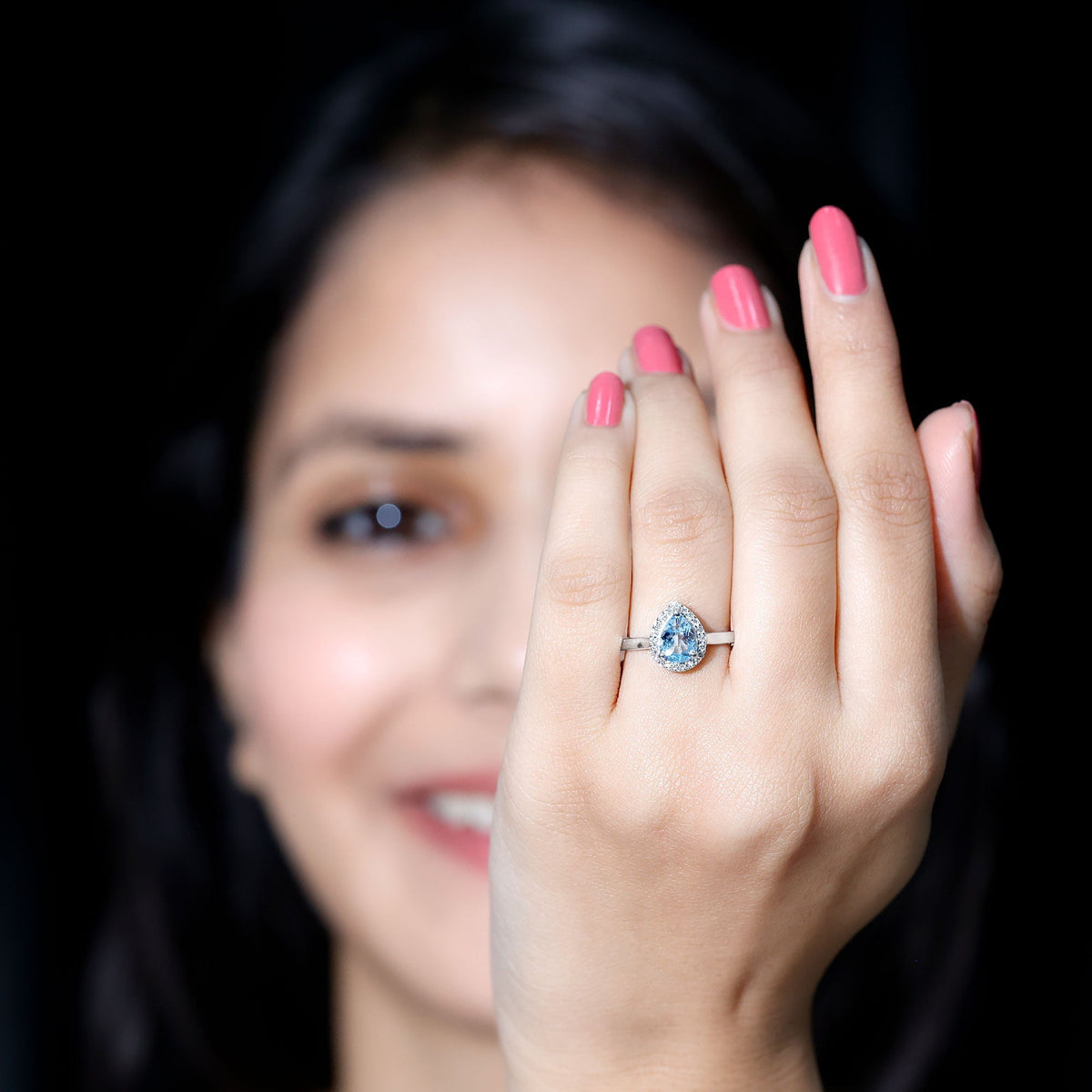 Aquamarine Engagement Ring – 1 Carat Pear Cut Halo Diamond Setting Blue Gemstone