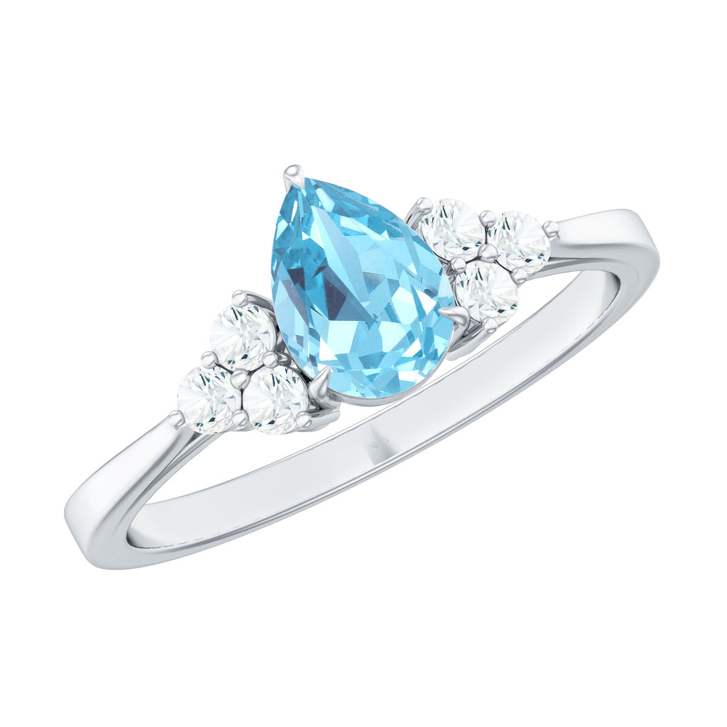 Aquamarine Engagement Ring – 1 Carat Pear Shaped Blue Gemstone With Diamond Trio