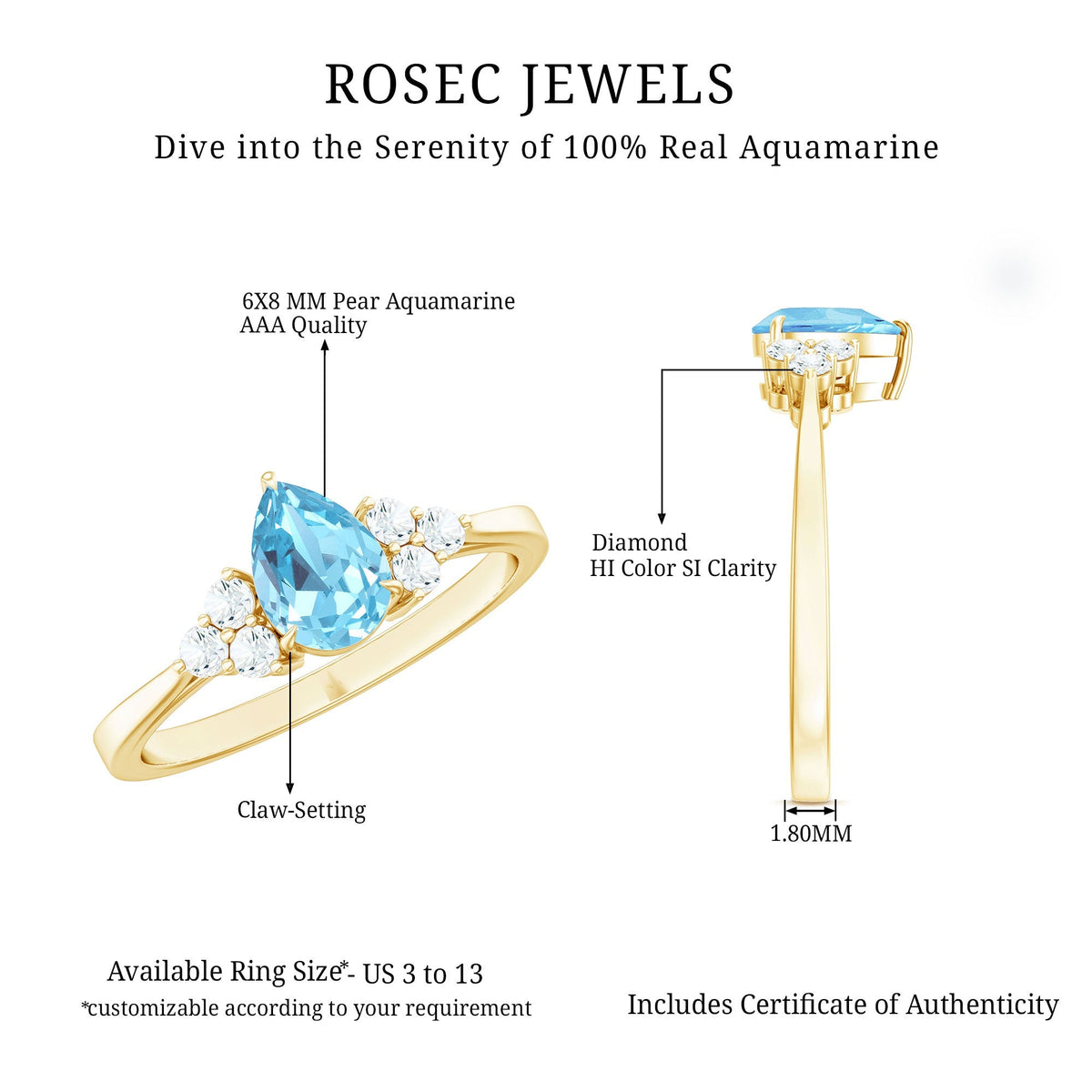 Aquamarine Engagement Ring – 1 Carat Pear Shaped Blue Gemstone With Diamond Trio