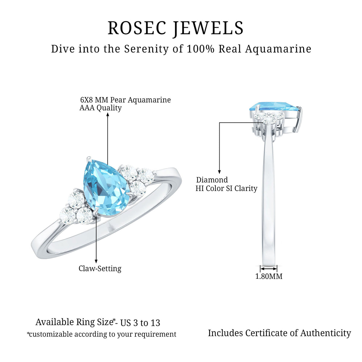 Aquamarine Engagement Ring – 1 Carat Pear Shaped Blue Gemstone With Diamond Trio