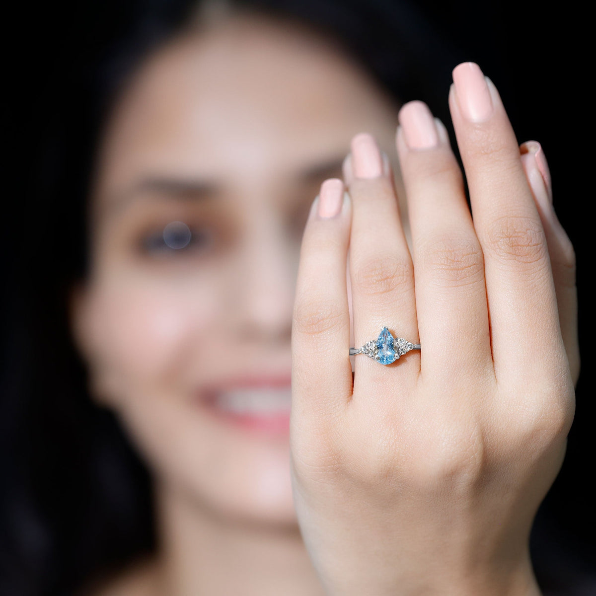 Aquamarine Engagement Ring – 1 Carat Pear Shaped Blue Gemstone With Diamond Trio