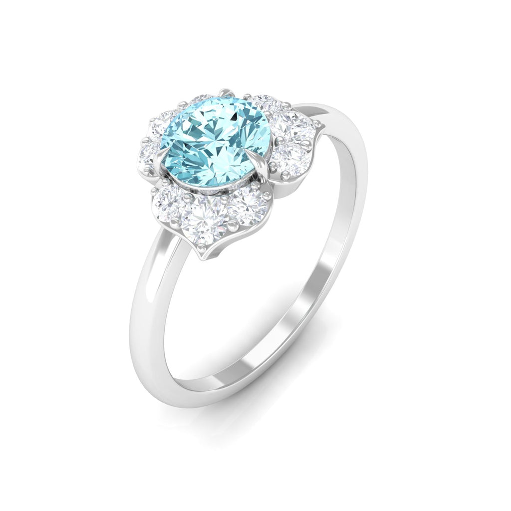 Aquamarine Engagement Ring – 6mm Round AAA Quality Blue Gemstone with Floral Halo Design