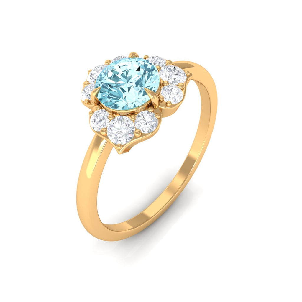Aquamarine Engagement Ring – 6mm Round AAA Quality Blue Gemstone with Floral Halo Design