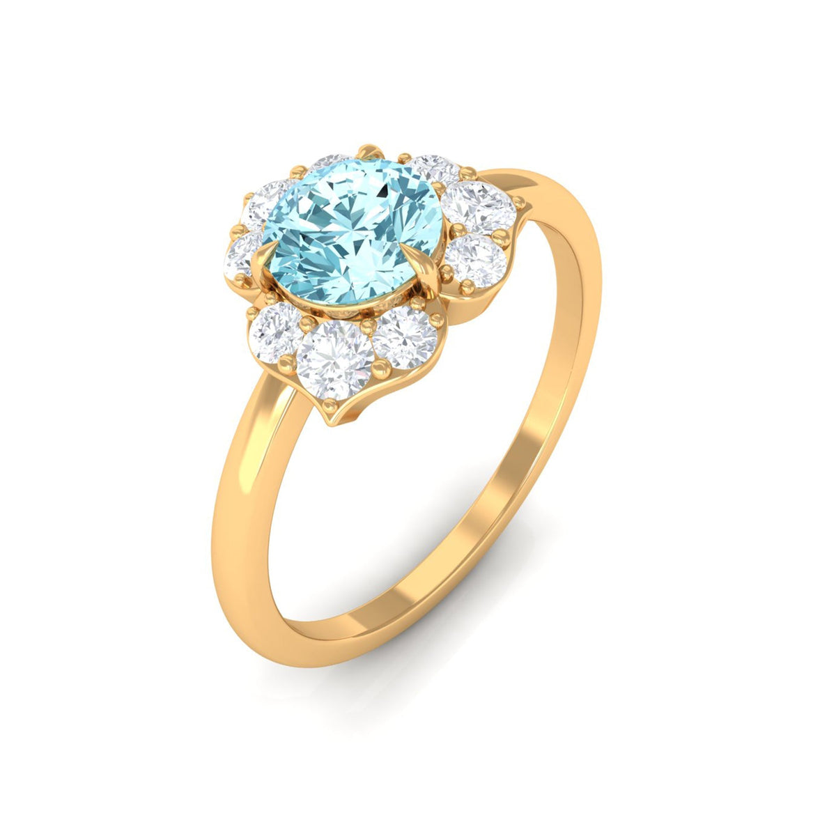 Aquamarine Engagement Ring – 6mm Round AAA Quality Blue Gemstone with Floral Halo Design