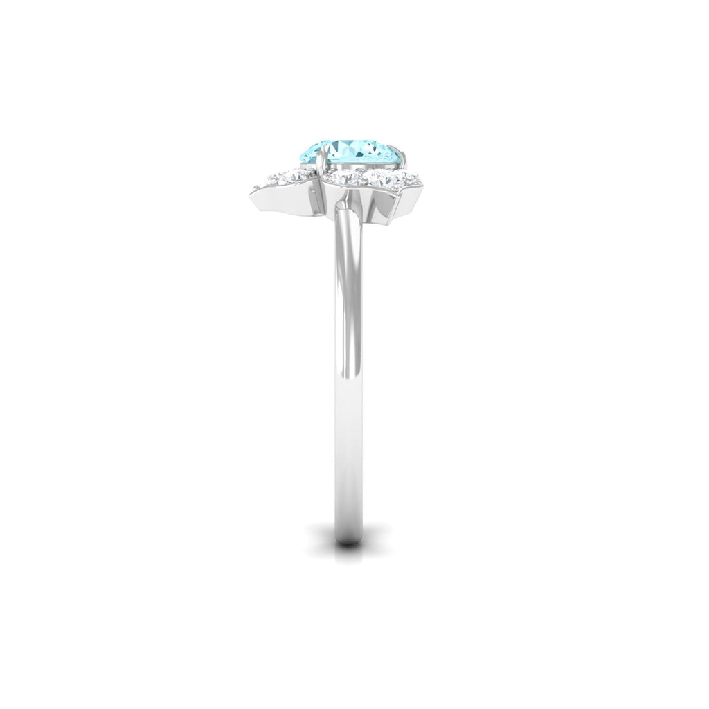 Aquamarine Engagement Ring – 6mm Round AAA Quality Blue Gemstone with Floral Halo Design