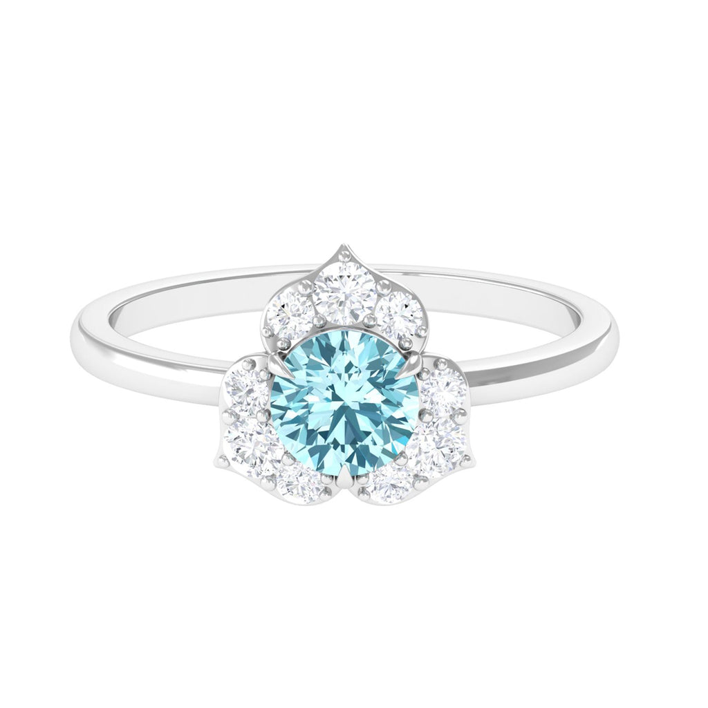 Aquamarine Engagement Ring – 6mm Round AAA Quality Blue Gemstone with Floral Halo Design