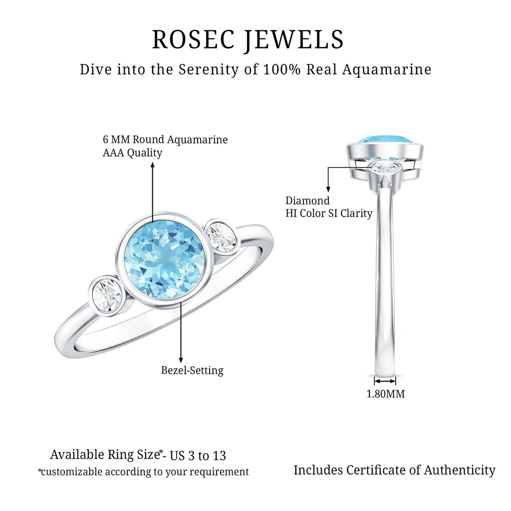 Aquamarine Engagement Ring – 6MM Round Cut Bezel Set Solitaire Bridal Band