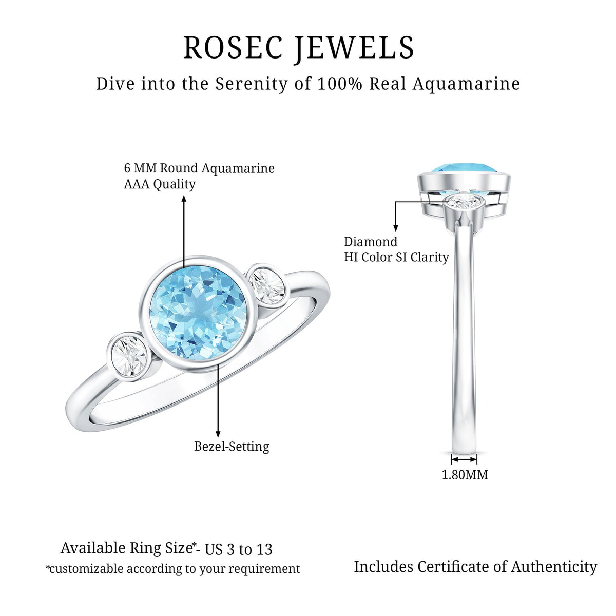 Aquamarine Engagement Ring – 6MM Round Cut Bezel Set Solitaire Bridal Band
