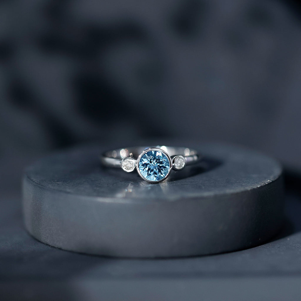 Aquamarine Engagement Ring – 6MM Round Cut Bezel Set Solitaire Bridal Band