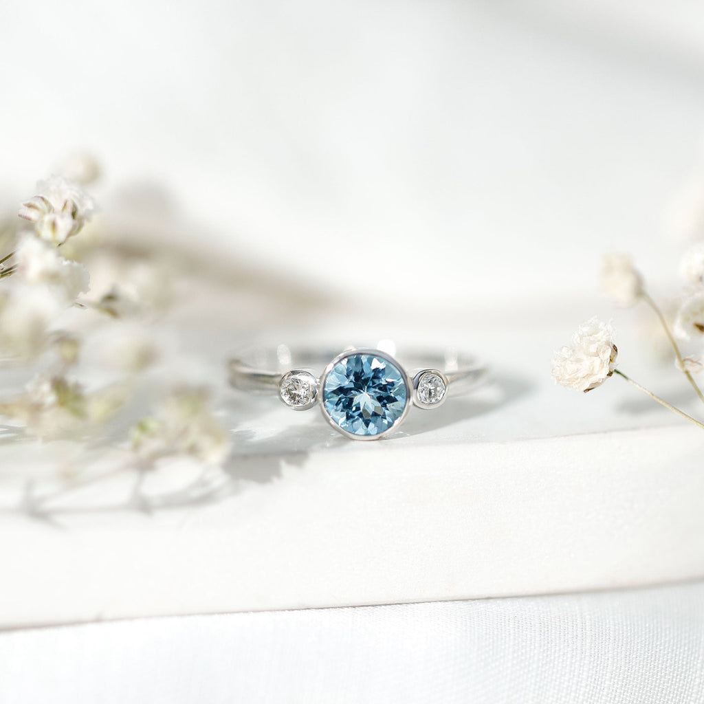 Aquamarine Engagement Ring – 6MM Round Cut Bezel Set Solitaire Bridal Band