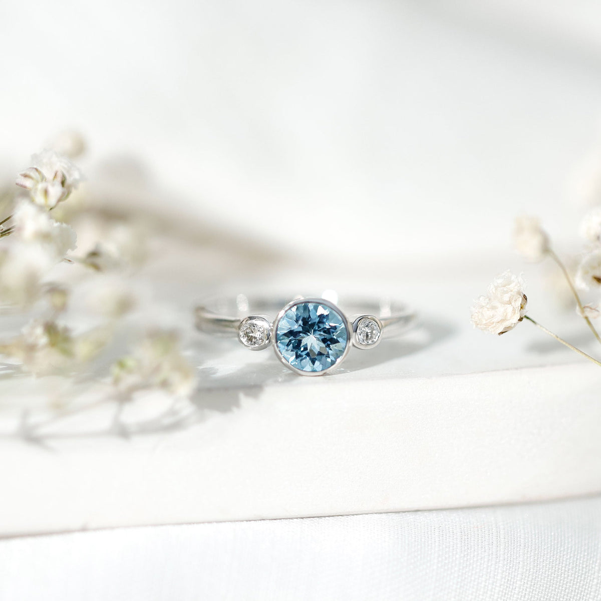 Aquamarine Engagement Ring – 6MM Round Cut Bezel Set Solitaire Bridal Band