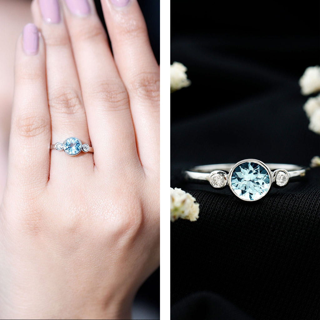 Aquamarine Engagement Ring – 6MM Round Cut Bezel Set Solitaire Bridal Band