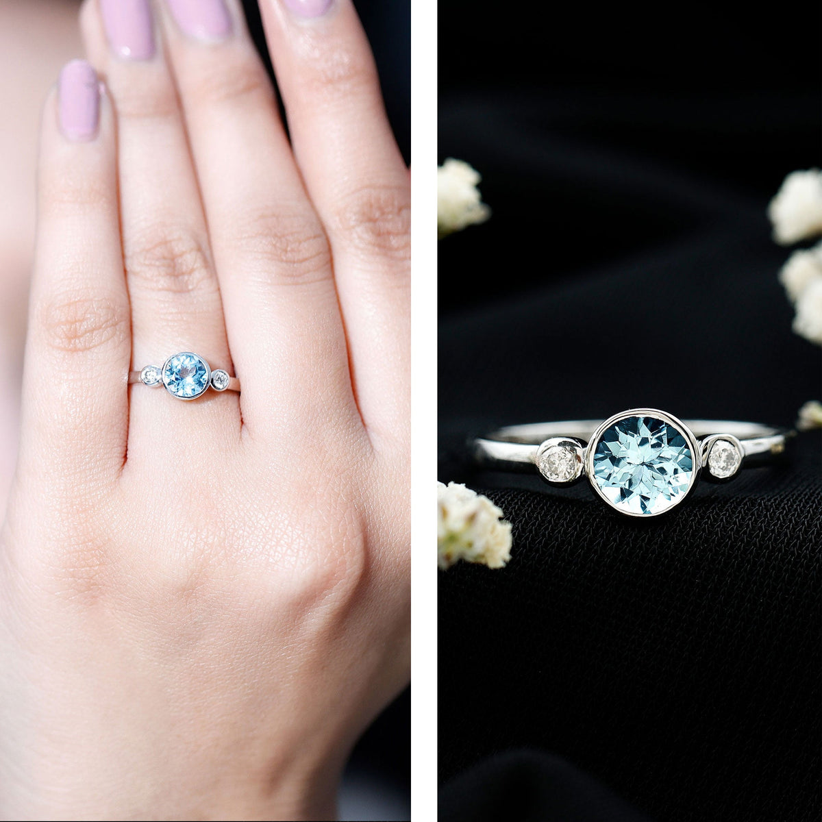 Aquamarine Engagement Ring – 6MM Round Cut Bezel Set Solitaire Bridal Band