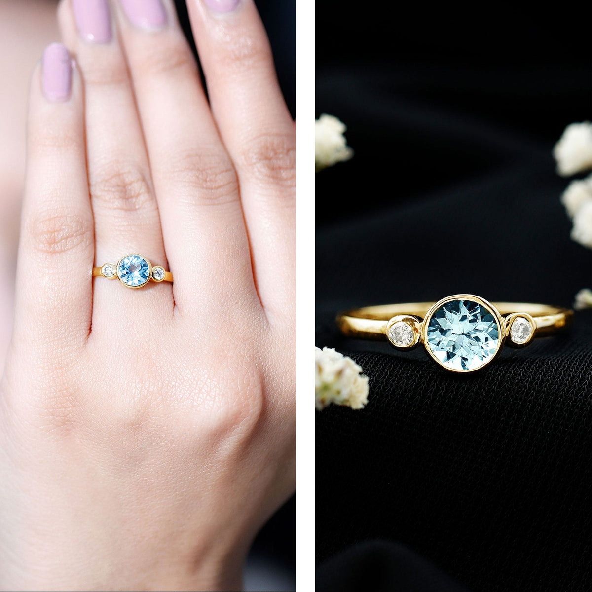 Aquamarine Engagement Ring – 6MM Round Cut Bezel Set Solitaire Bridal Band