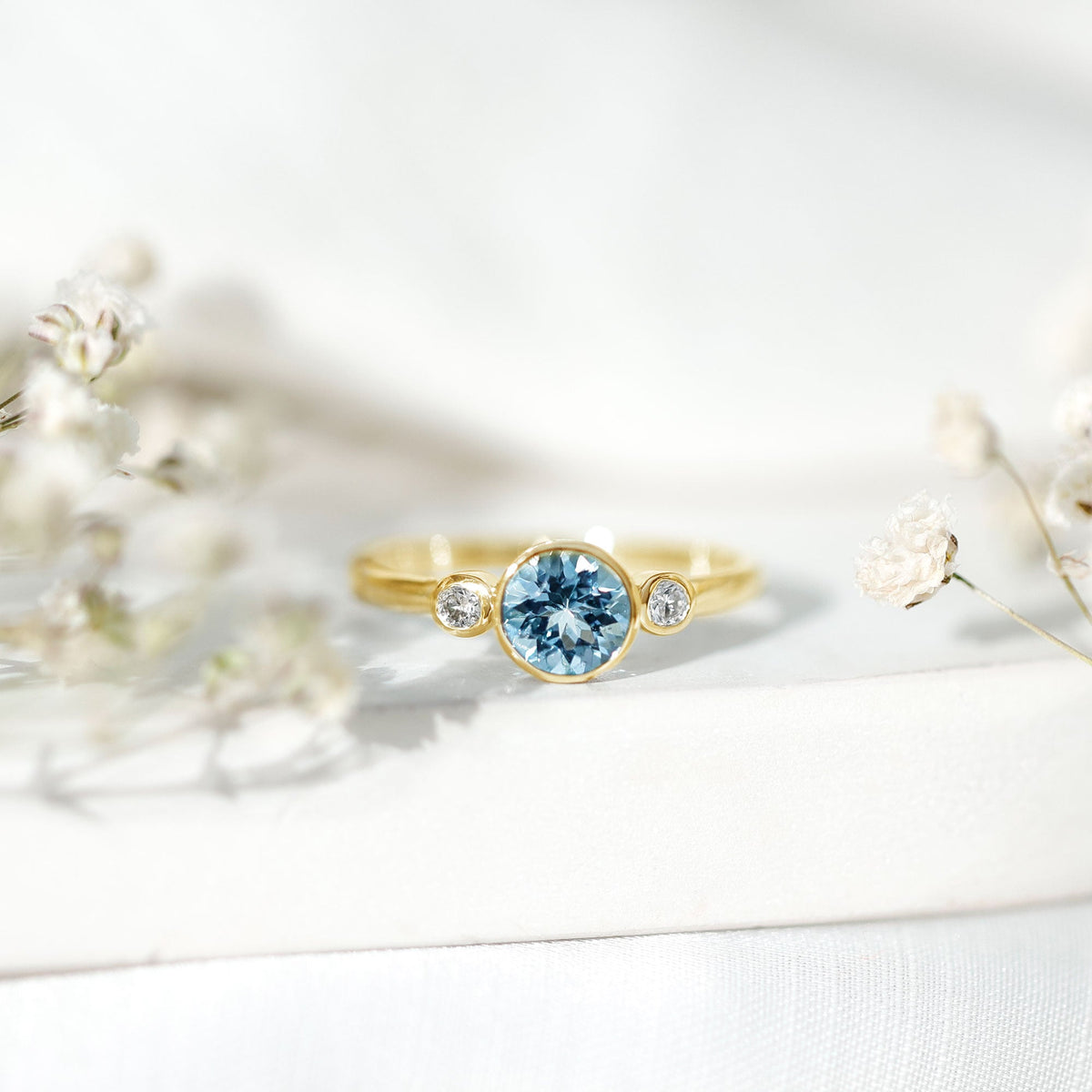Aquamarine Engagement Ring – 6MM Round Cut Bezel Set Solitaire Bridal Band