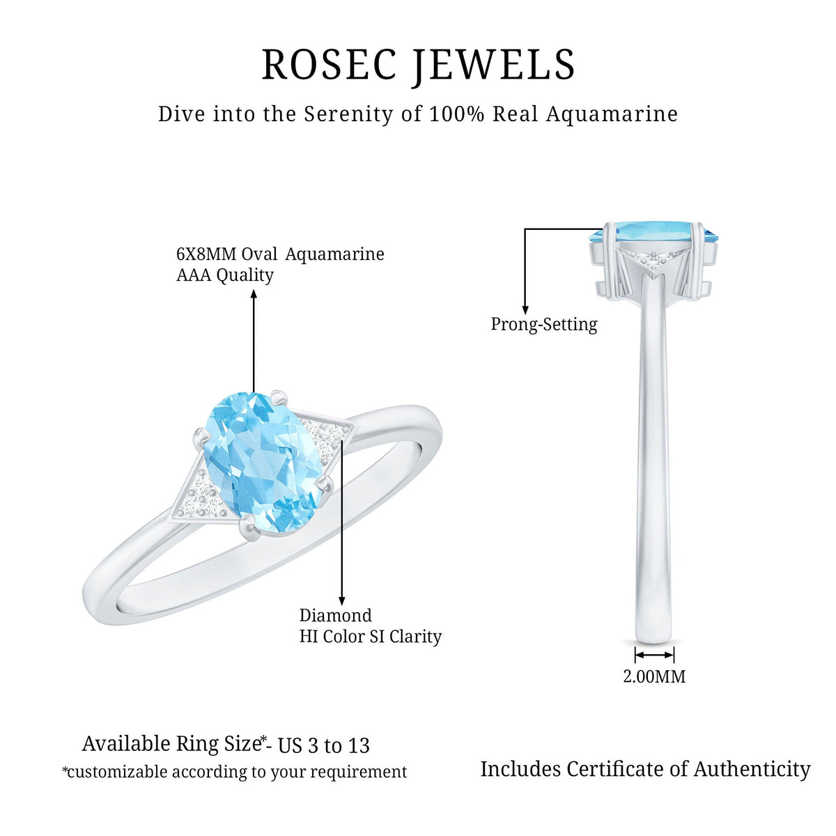Aquamarine Engagement Ring – 6x8mm Oval Cut Blue Gemstone with Diamond Accents