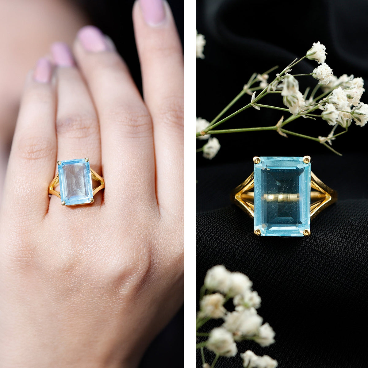 Aquamarine Engagement Ring – 9 Carat Emerald Cut Lab Grown Stone | Yellow Gold Basket Setting