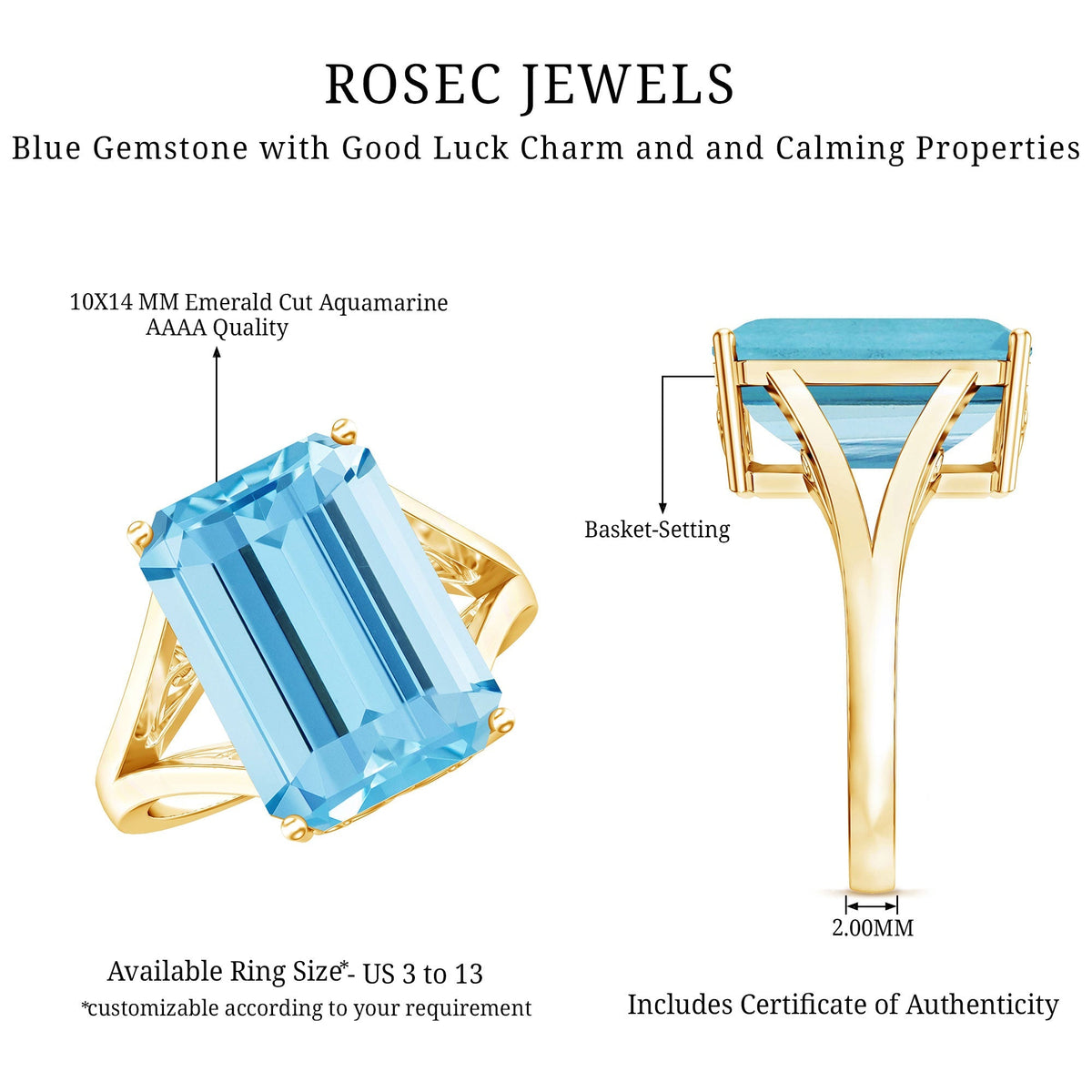 Aquamarine Engagement Ring – 9 Carat Emerald Cut Lab Grown Stone | Yellow Gold Basket Setting