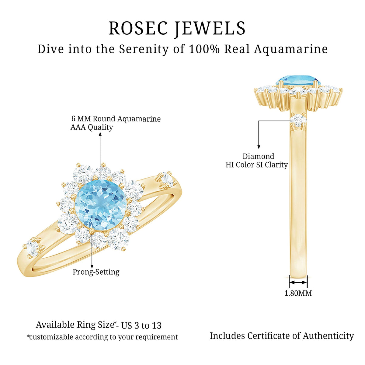 Aquamarine Engagement Ring - AAA Quality Blue Gemstone Diamond Halo Ring