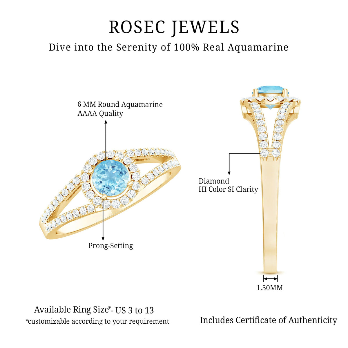 Aquamarine Engagement Ring – AAA Quality Blue Gemstone With Diamond Split Shank Band