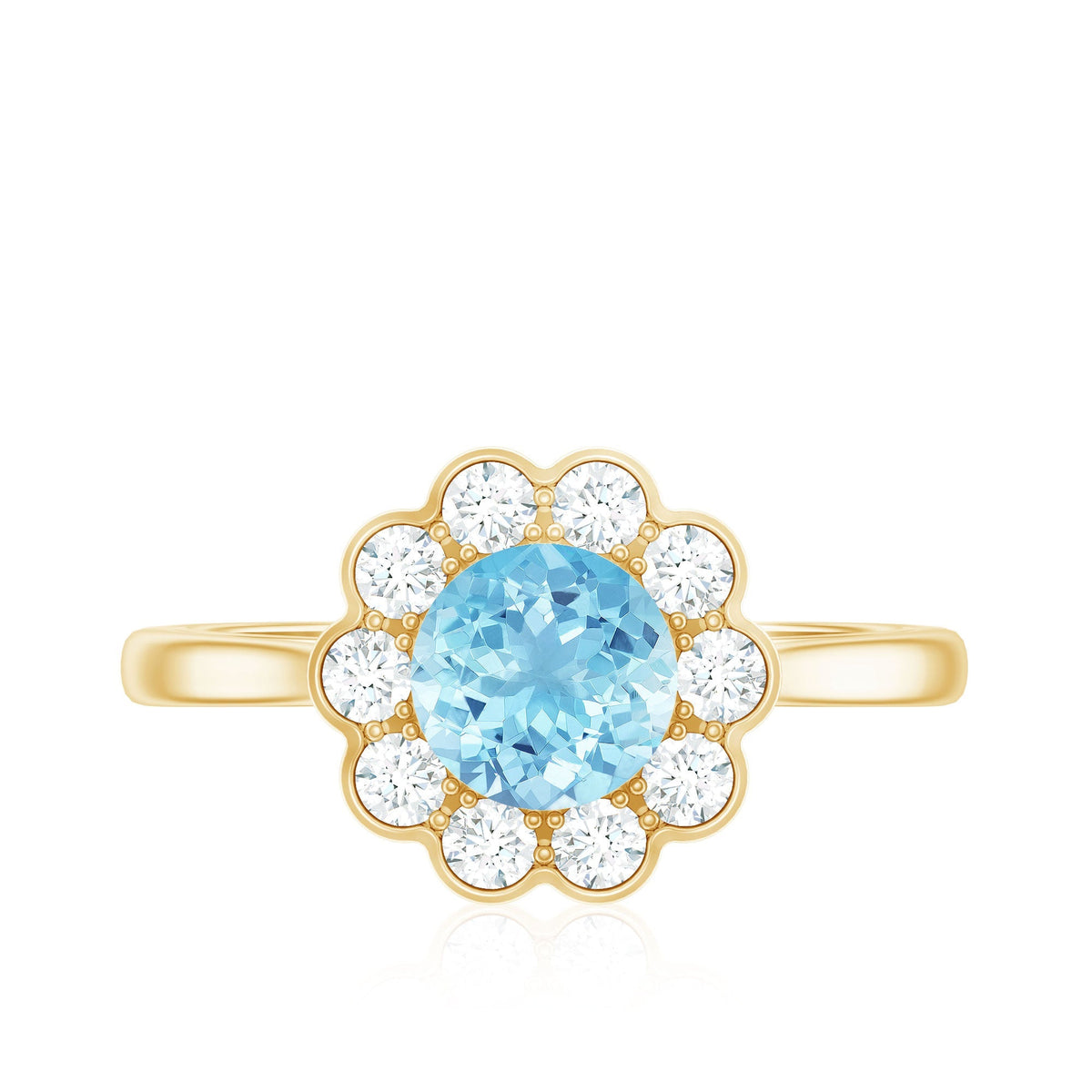 Aquamarine Engagement Ring – Bezel Set Aquamarine with Diamond Halo Floral Design