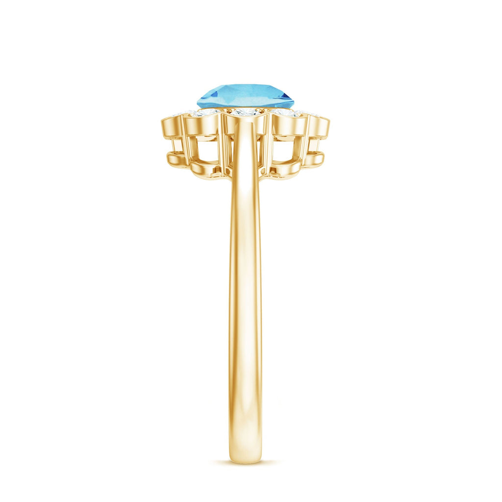 Aquamarine Engagement Ring – Bezel Set Aquamarine with Diamond Halo Floral Design