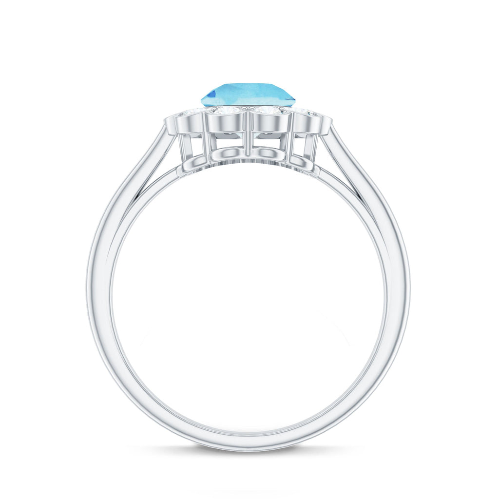 Aquamarine Engagement Ring – Bezel Set Aquamarine with Diamond Halo Floral Design