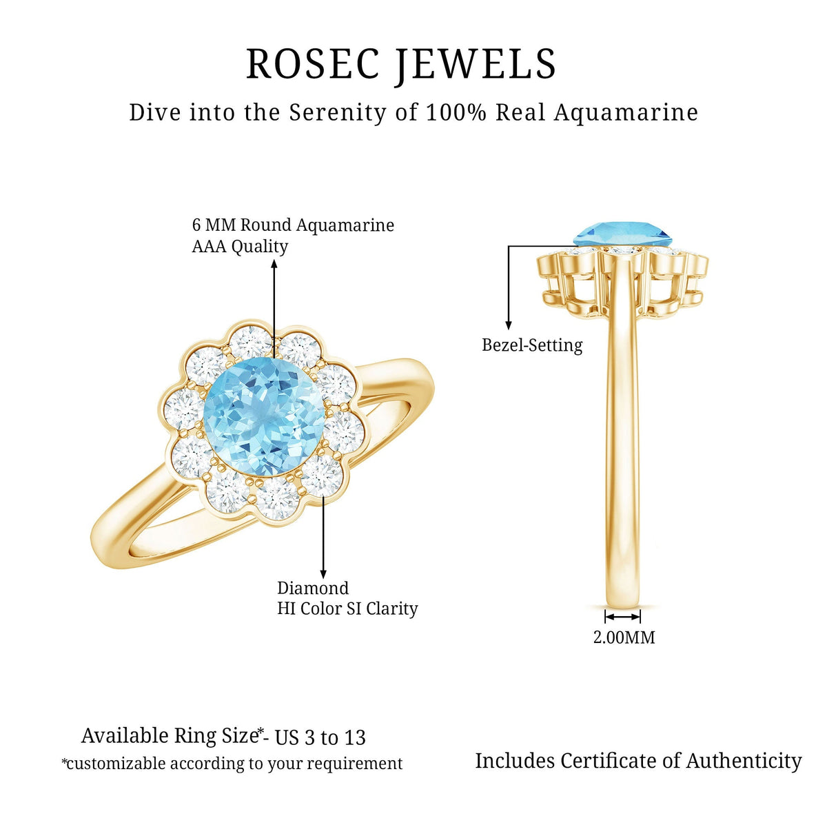 Aquamarine Engagement Ring – Bezel Set Aquamarine with Diamond Halo Floral Design