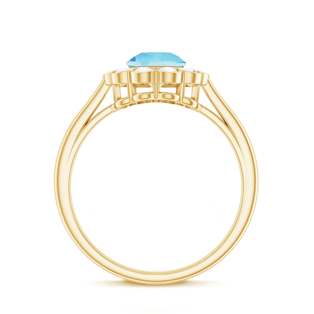 Aquamarine Engagement Ring – Bezel Set Aquamarine with Diamond Halo Floral Design